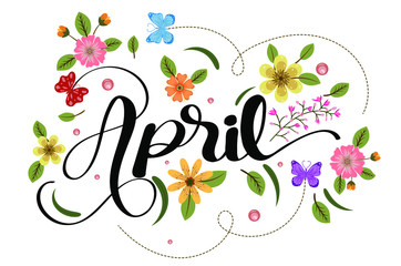 Hello april with flowers and leaves. Illustration april month - obrazy, fototapety, plakaty