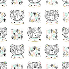 Teddy Bears and Trees Vector Seamless Pattern. Scandinavian style Background for Kids with Hand drawn Doodle Cute Baby Brown Bear. Cartoon tribal Animals