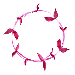 Watercolor wreath of burgundy microgreen sprouts Isolated on a white background. Round frame of red cabbage sprouts, burgundy watercolor frame of delicate leaves.