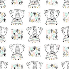 Teddy Bears and Trees Vector Seamless Pattern. Scandinavian style Background for Kids with Hand drawn Doodle Cute Baby Polar Bear. Cartoon tribal Animals