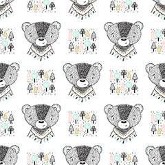 Teddy Bears and Trees Vector Seamless Pattern. Scandinavian style Background for Kids with Hand drawn Doodle Cute Baby Grizzly Bear. Cartoon tribal Animals
