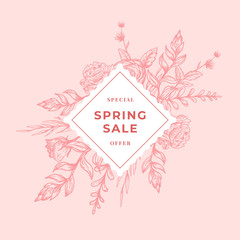 Spring Sale Abstract Botanical Banner or Label with Rhombus Floral Frame. Hand Drawn Rose and Peony Flowers, Leaves Sketches. Pink Pastel Colors Special Offer Promo Advertising Layout.