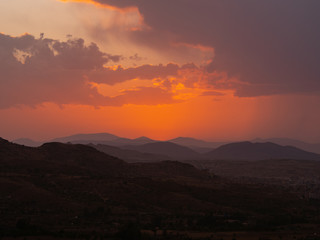 View across Cappadoccia valley from Uchisar Castle during sunset, Turkey