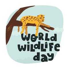 Fototapeta premium World wildlife day hand drawn lettering text with fun leopard lying on a tree branch and chilling. Fun hand drawn vector illustration on isolated background.