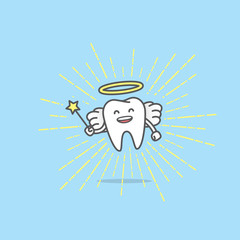 Dental cartoon of Angel tooth smiling and holding a scepter on light radius line illustration cartoon character vector design on blue background.  Dental care concept.