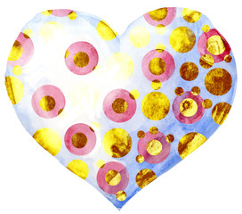 Watercolor white heart with gold dots on white background