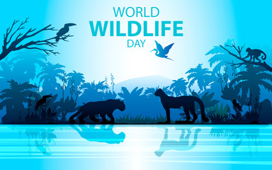 Vector stock World Wildlife Day banner. Rainforest landscape in blue colors with leopard, money, palm, toucan and river. Jungle concept for ecological and environmental projects, advertisements,flyers