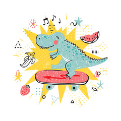 Summer T-shirt print design for kids fashion with Cute Dinosaur. Hand drawn doodle Dinosaur Skater. Cartoon Animal vector illustration