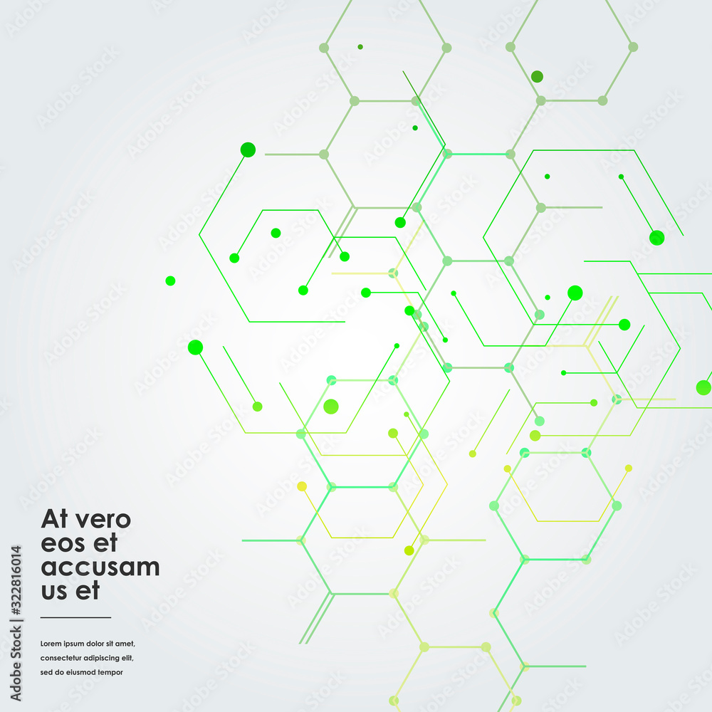 Poster Vector illustration green connect hexagons connect abstract background. Technology dots and broken lines