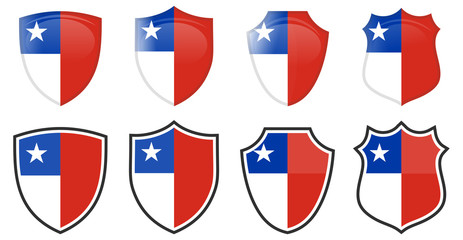 Vertical Chile flag in shield shape, four 3d and simple versions. Chilean icon / sign