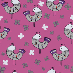 Vector fantasy whimsical birds on seamless pattern design. 