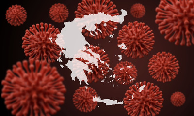 Greece map over a scientific virus microbe background. 3D Rendering