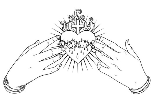 Open praying hands around sacred heart of Jesus. Hope faith and help, assistance and support symbol. Vector color illustration in vintage style isolated on black. Spirituality, religion, Catholicism.