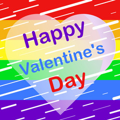 Vector card for Valentine's Day in the LGBT style, heart with the text wishes of happiness on the background of the rainbow LGBT flag