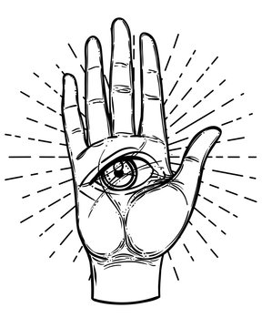 recommend clip art: Vintage Hands with all seeing eye. Hand drawn sketchy illustration with mystic and occult hand drawn symbols. Palmistry concept. Vector illustration. Spirituality, astrology and esoteric concept.