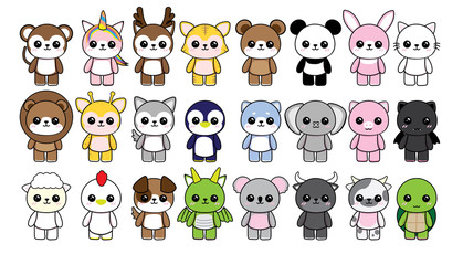 collection character animals cute kawaii on white background - obrazy, fototapety, plakaty