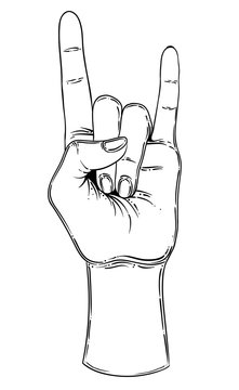 Rock and roll sign. Hand drawn illustration of human hand showing sign of the horns. Gesture of Heavy metal culture.