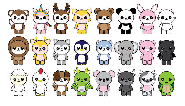 collection character animals cute kawaii on white background