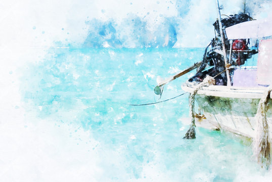 Abstract colorful fishing boat on water sea in Thailand on watercolor illustration painting background.