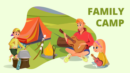 Family Camp Banner. Cartoon Father Son Daughter Camping Vector Illustration. Man Play Guitar Music, Little Girl Hawaiian Ukulele, Boy Drummer Hit Camp Pot. Park Picnic. Family Summer Travel Vacation