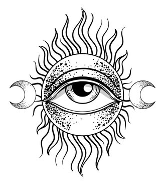 Blackwork tattoo flash. Eye of Providence. Masonic symbol. All seeing eye inside triangle pyramid. New World Order. Isolated vector illustration