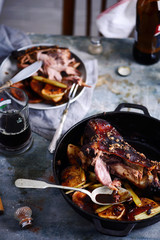 Roast Bavarian ham hocks with beer, caraway and juniper..style rustic.