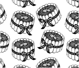 Sketch pattern with black&white italian traditional cake tiramisu. Sweet dessert with cocoa, cacao powder, coffee, chocolate, bow, mint, mascarpone, savoiardi. Vintage wallpaper. Vector illustration