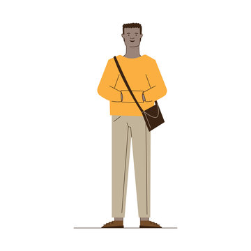 Cartoon dark skinned guy in casual with bag. Full length of black male student flat vector illustration. Fashion, trendy young man concept for banner, website design or landing web page