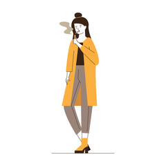 Female smoker lighting cigarette. Smoking young woman flat vector illustration. Addiction, problem, unhealthy lifestyle concept for banner, website design or landing web page