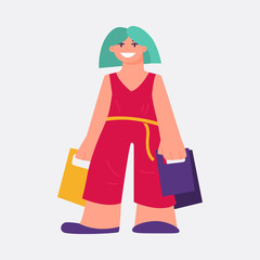 Flat style vector illustration of a young woman holding shopping bags. Isolated cartoon character