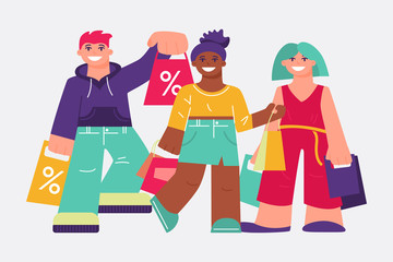 Flat style vector illustration of a group of people holding shopiing bags. Isolated cartoon characters