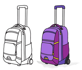 Collection of various backpack with wheels for business trip and vacation. Flat set of luggage on transparent background. Simple isolated vector illustration.
