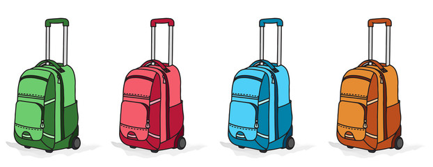 Collection of various backpack with wheels for business trip and vacation. Flat colorful set of luggage on transparent background. Simple isolated vector illustration.
