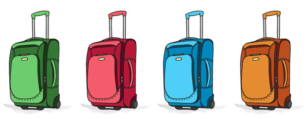 Collection of various suitcase with wheels on white background for business trip and vacation. Flat colorful set of luggage on transparent background. Simple isolated vector illustration.