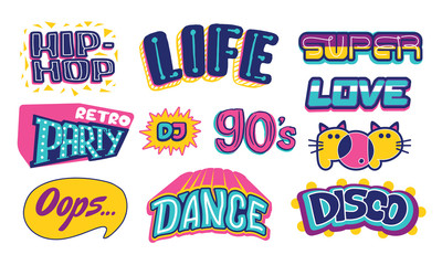 Set of lettering 90s life. Dance cartoon theme. Vector hand drawn illustration isolated on white background. Letters for use on t-shirts, party posters, cards, disco signs, retro prints, web. 
