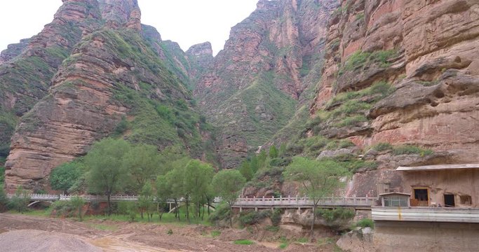Landscape view of Bingling Cave Temple in Gansu China. UNESCO World heritage site