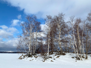 Russia, Chelyabinsk region. One of the islands on lake Uvildy in January in frosty weather
