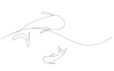 Whale family on ocean line drawing vector illustration