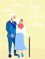 Mature Family Couple on Yellow Background. Time Travel. Insurance Policy. Vector Illustration. Reliable Protection. Insurance Case. Life and Health Insurance on Vacation. Insurance Program for Elderly