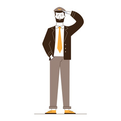 Captain of aircraft in uniform. Pilot putting hand to peak of cap flat vector illustration. Aviation, job, airplane concept for banner, website design or landing web page