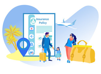 Vector Illustration Travel Health Insurance Flat. Man Woman and Child Come to Rest. Insurance Covers Accident and Protects Health. Family Traveler Health Program and Support, Cartoon.