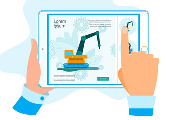 Human Hands Holding Tablet with Application for Buying Building Technique Machines Directly on Internet Web Site. Customer Choose Heavy Vehicle for Construction Work Cartoon Flat Vector Illustration