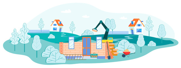 Working Process on Construction Site, Crane Put Brick on House Wall, Professional Equipment and Technique for Building and Engineering around. Cottage Settlement. Cartoon Flat Vector Illustration