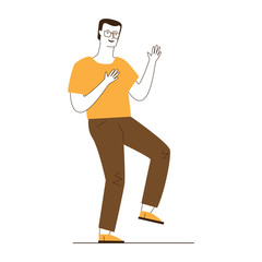 Happy young man in glasses enjoying party. Cartoon male character dancing and having fun flat vector illustration. Entertainment, office party concept for banner, website design or landing web page