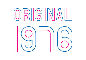 Blue and pink original year 1976 text on white background