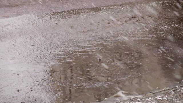 Heavy snowfall and strong winds in a city, background