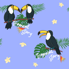 Naklejka premium cute cartoon black toucans seamless pattern on purple background, wild tropical birds with leaves and flowers, editable vector illustration for kids decoration, fabric, textile, paper, banner, poster,