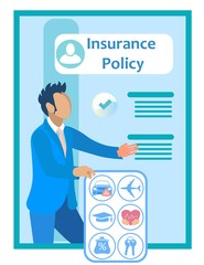 Fototapeta na wymiar Insurance Agent in Suit near Insurance Policy. Vector Illustration. Reliable Protection. Insurance Case. Man Holds Tablet with Insurance Types. Insurance Agent near Insurance Policy. Contract Clause.