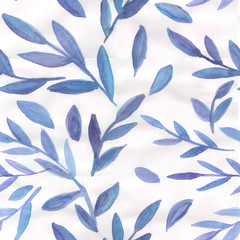 Watercolor seamless pattern with blue leaves on a white background. Design for wallpaper, fabric, textile, wedding design, packaging, postcards, website. Botanical hand made illustration.