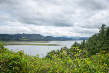 Fototapeta premium Panoramic view of the Guatavita reservoir in Cundinamarca Colombia, an excellent natural tourist destination